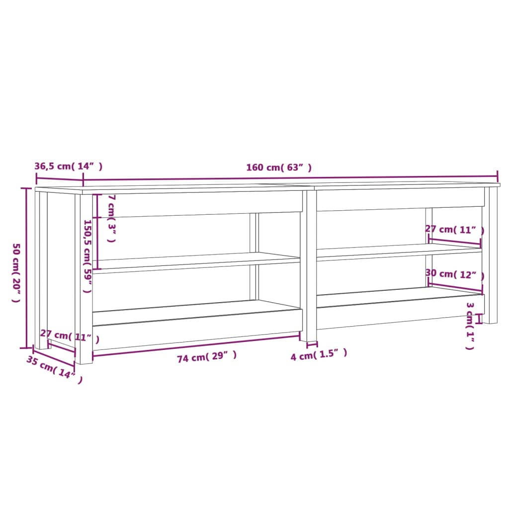 Skoställ Vit Skobänk 160x36,5x50 cm massiv furu
