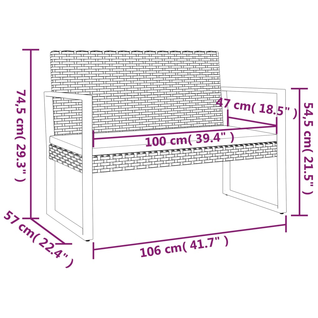 Trädgårdsbänk Konstrotting med dynor Svart 106 cm