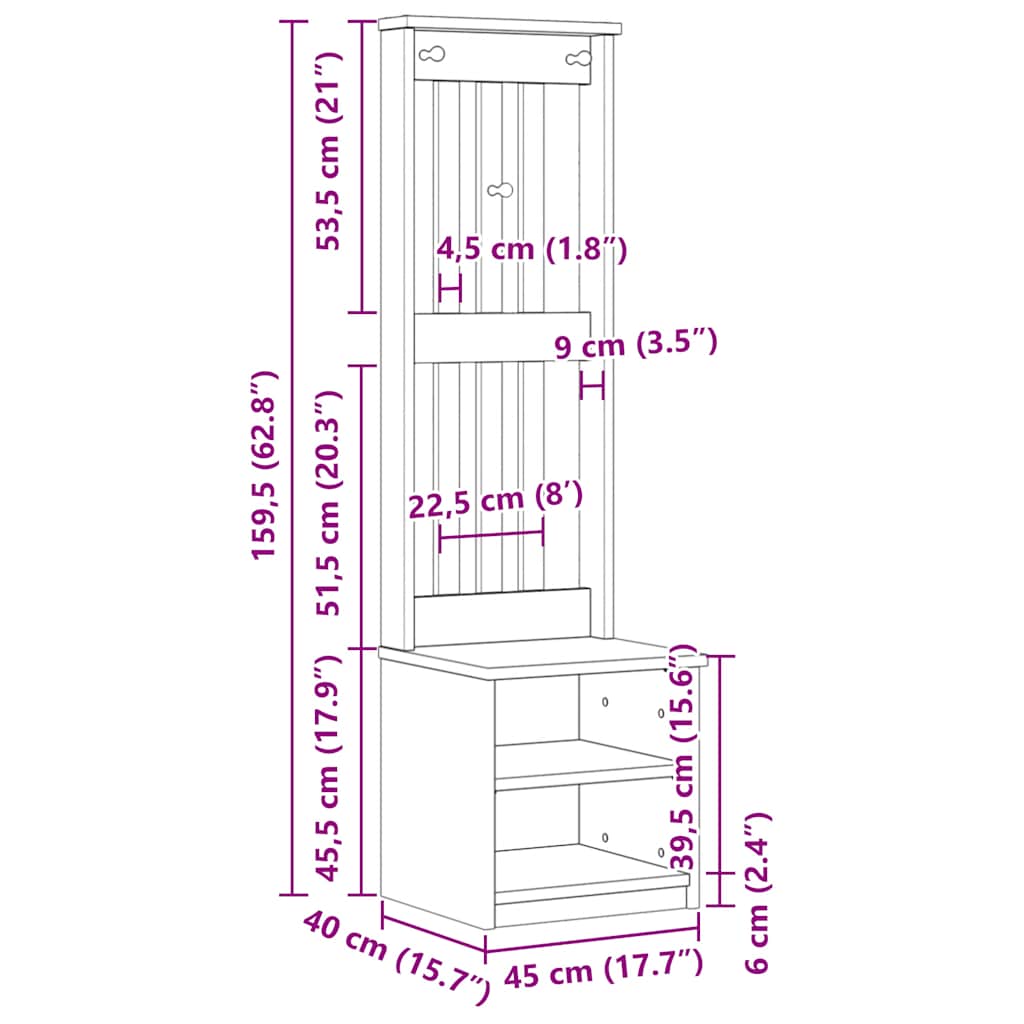 Hallmöbel "SANDNES" Vit 45x40x159,5 cm massiv Trä furu