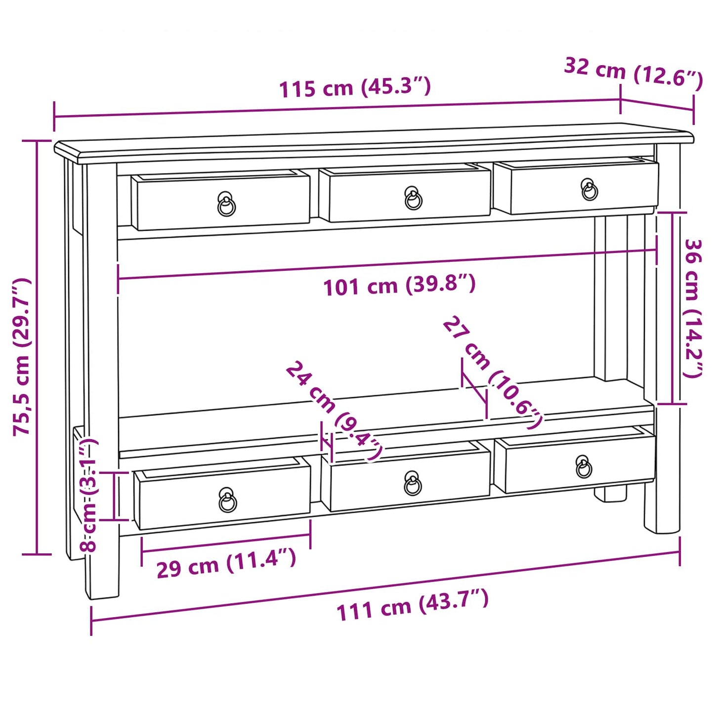 Avlastningsbord Konsollbord Brun med låda 115 x 32 x 75,5 cm Massivt mahognyträ