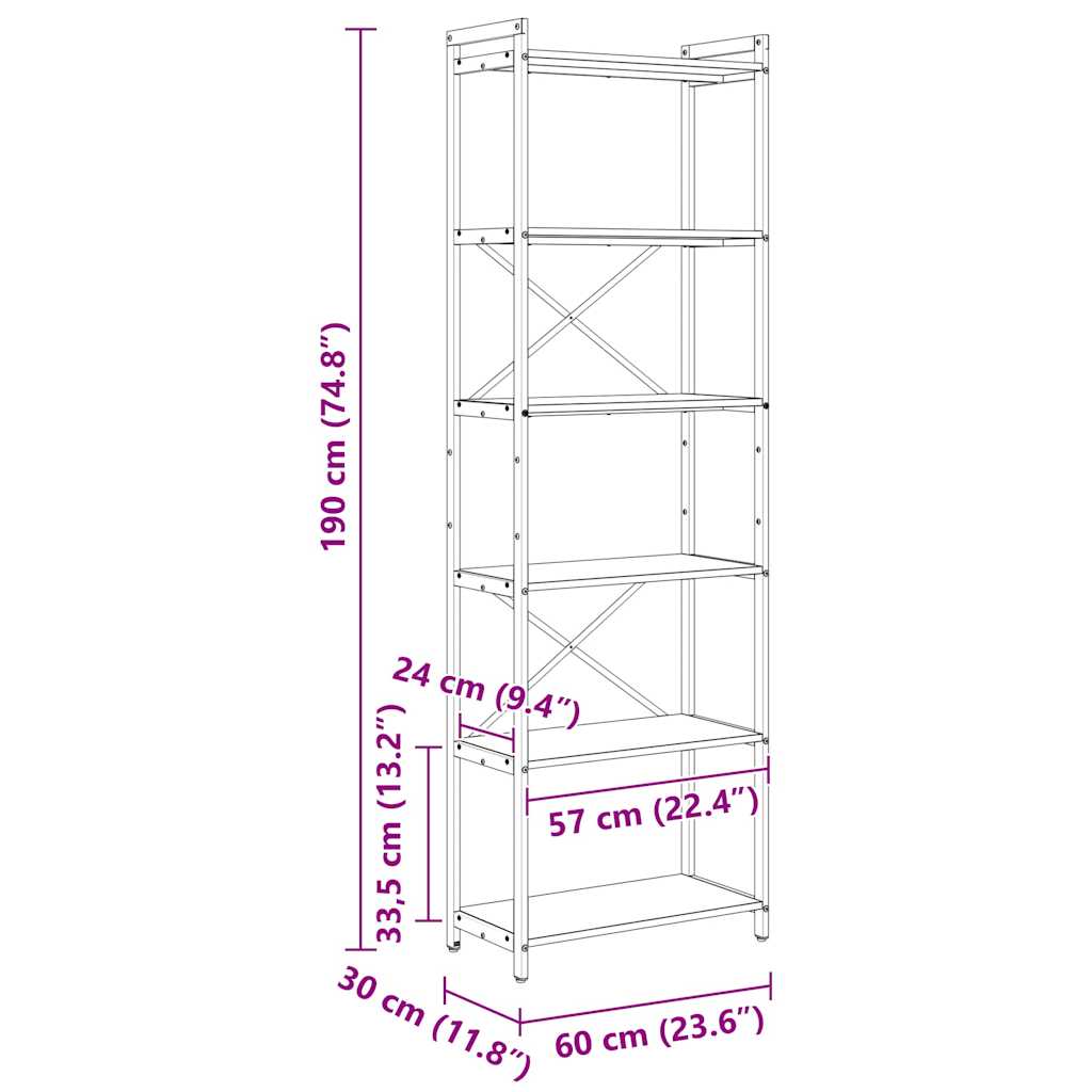 Bokhylla Svart Ek 60 x 30 x 188 cm