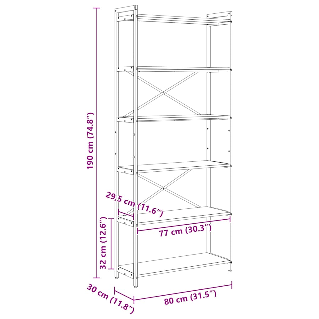Bokhylla Svart Ek 80 x 30 x 188 cm