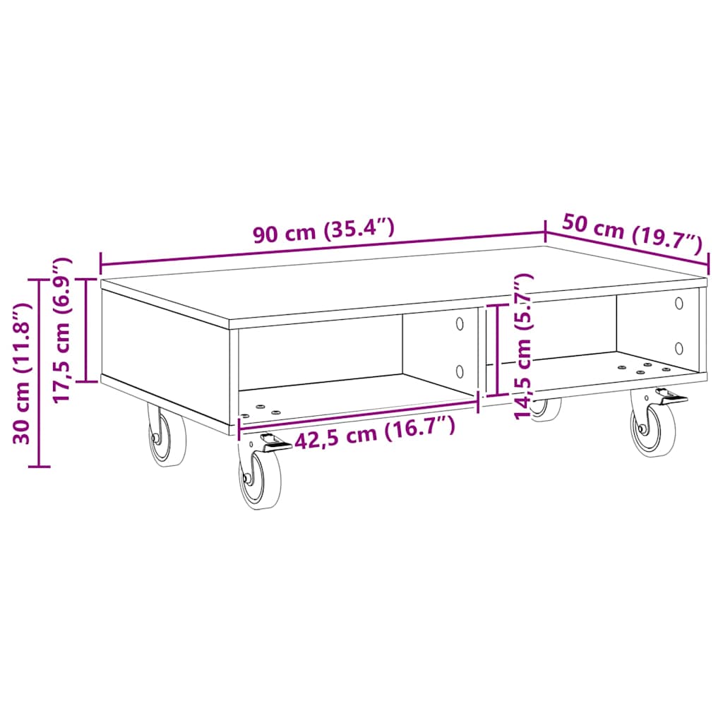 Soffbord Rökfärgad Ek med hjul 90 x 50 x 30 cm