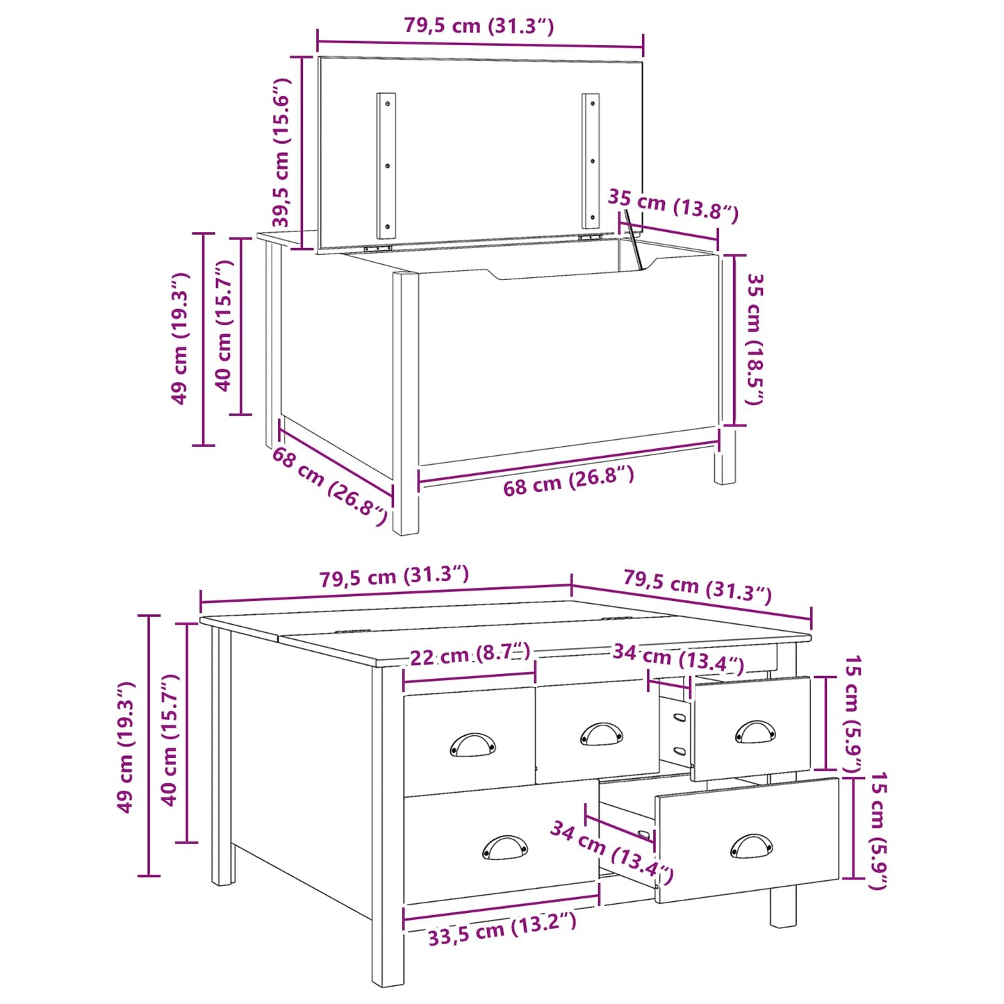 Soffbord Brun med låda Honung Brun 79,5 x 79,5 x 49 cm Massiv furu
