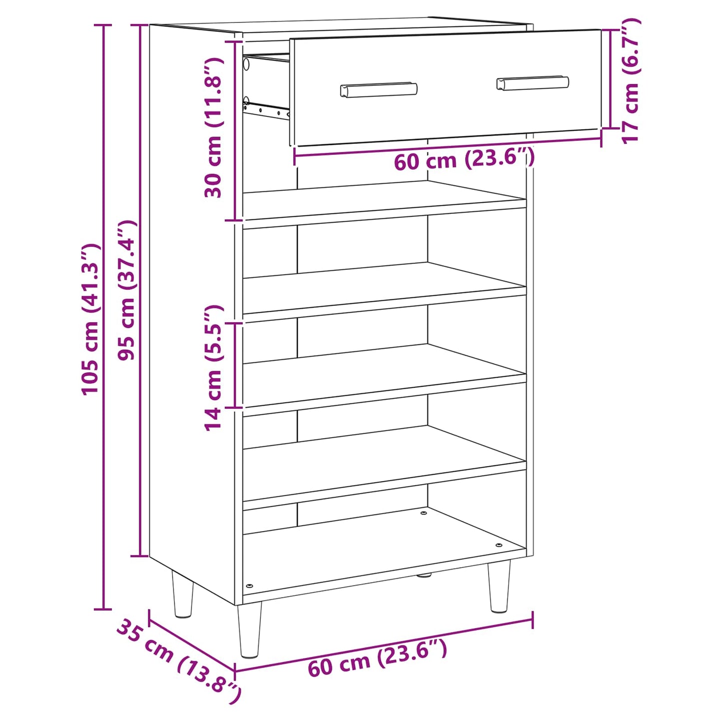 Skoställ Åldrat Trä Skoskåp med låda 60 x 35 x 105 cm