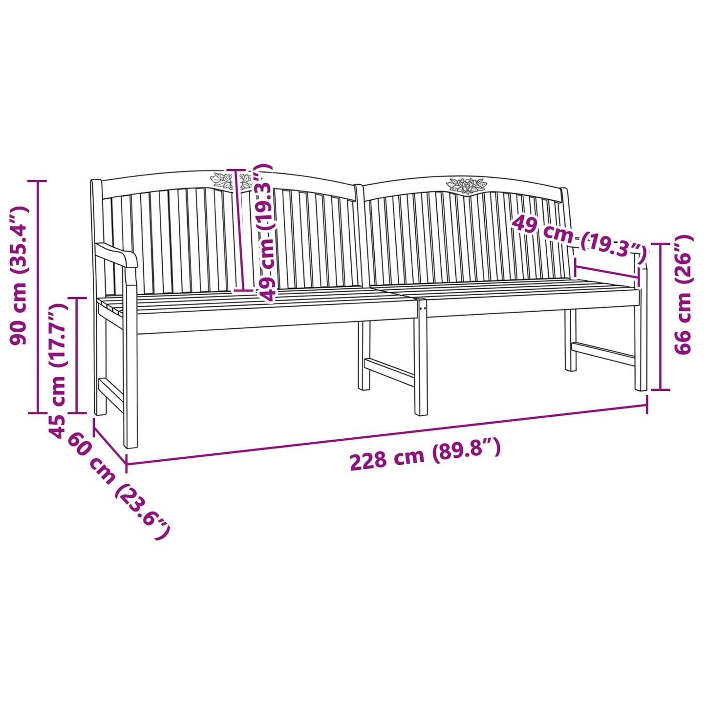 Handsnidad Rosabänk Naturlig 228 x 60 x 90 cm Massivt teakträ