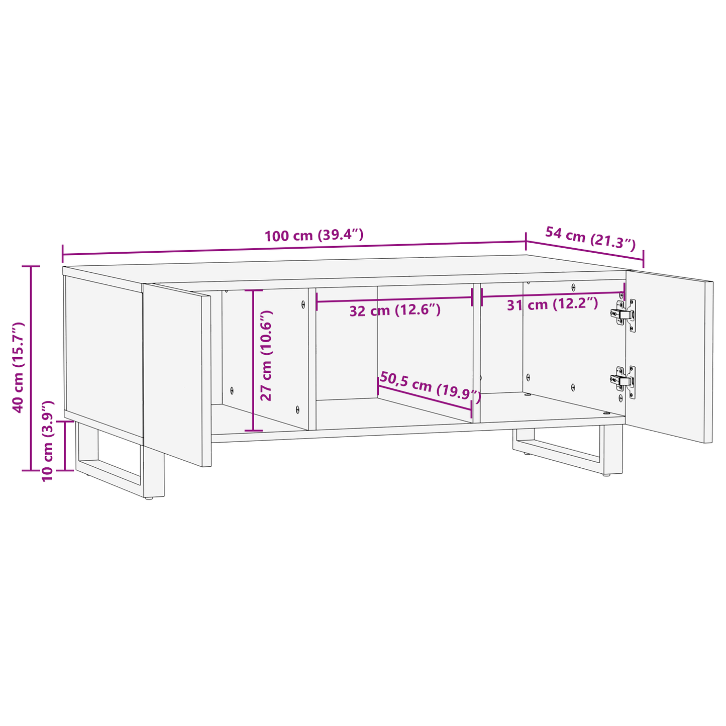 Soffbord Vit Svart med hylla med lagring med dörr 100 x 50 x 40 cm