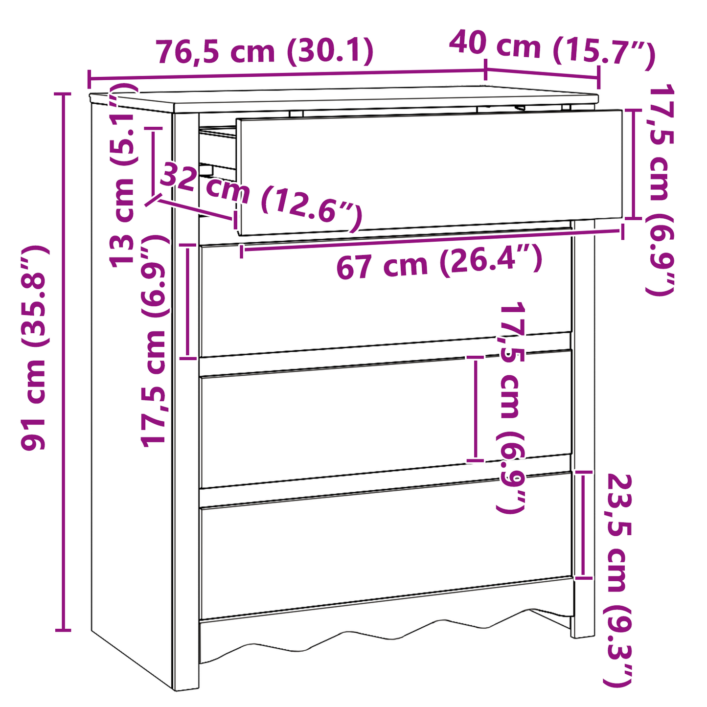 Byrå Vit "DRAMMEN" 76,5x40x91 cm Massivt Trä Furu