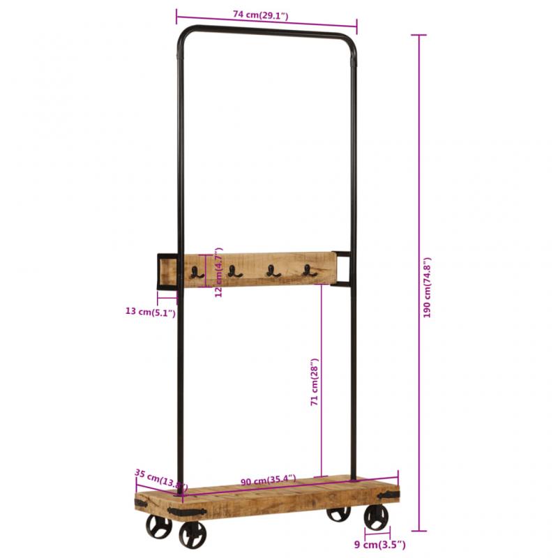 Kldhngare Kldstllning med hjul 90x35x190 cm massivt mangotr och jrn , hemmetshjarta.se