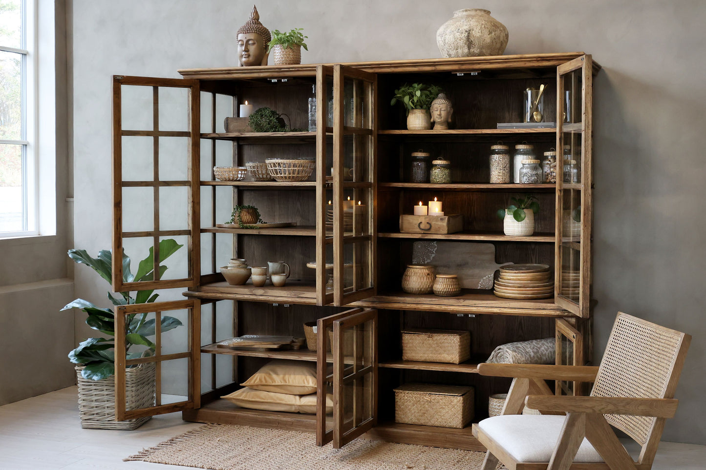 Chic Antique Vitrinskåp Marseille med 8 dörrar och hyllor H195/L220/B55 cm naturfärgad