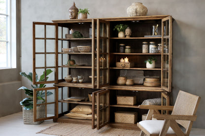 Chic Antique Vitrinskåp Marseille med 8 dörrar och hyllor H195/L220/B55 cm naturfärgad