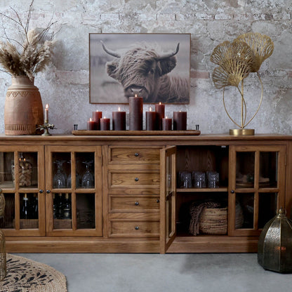 Chic Antique Vitrinskåp Marseille med 4 dörrar och 4 lådor H80/L220/B45 cm Natur