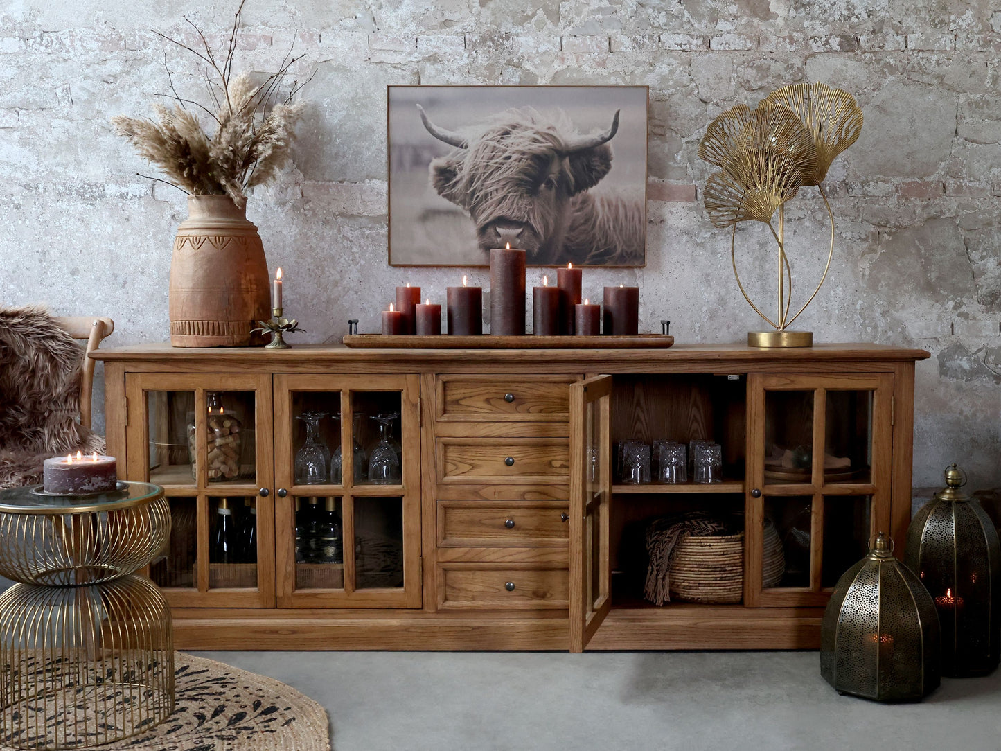 Chic Antique Vitrinskåp Marseille med 4 dörrar och 4 lådor H80/L220/B45 cm Natur