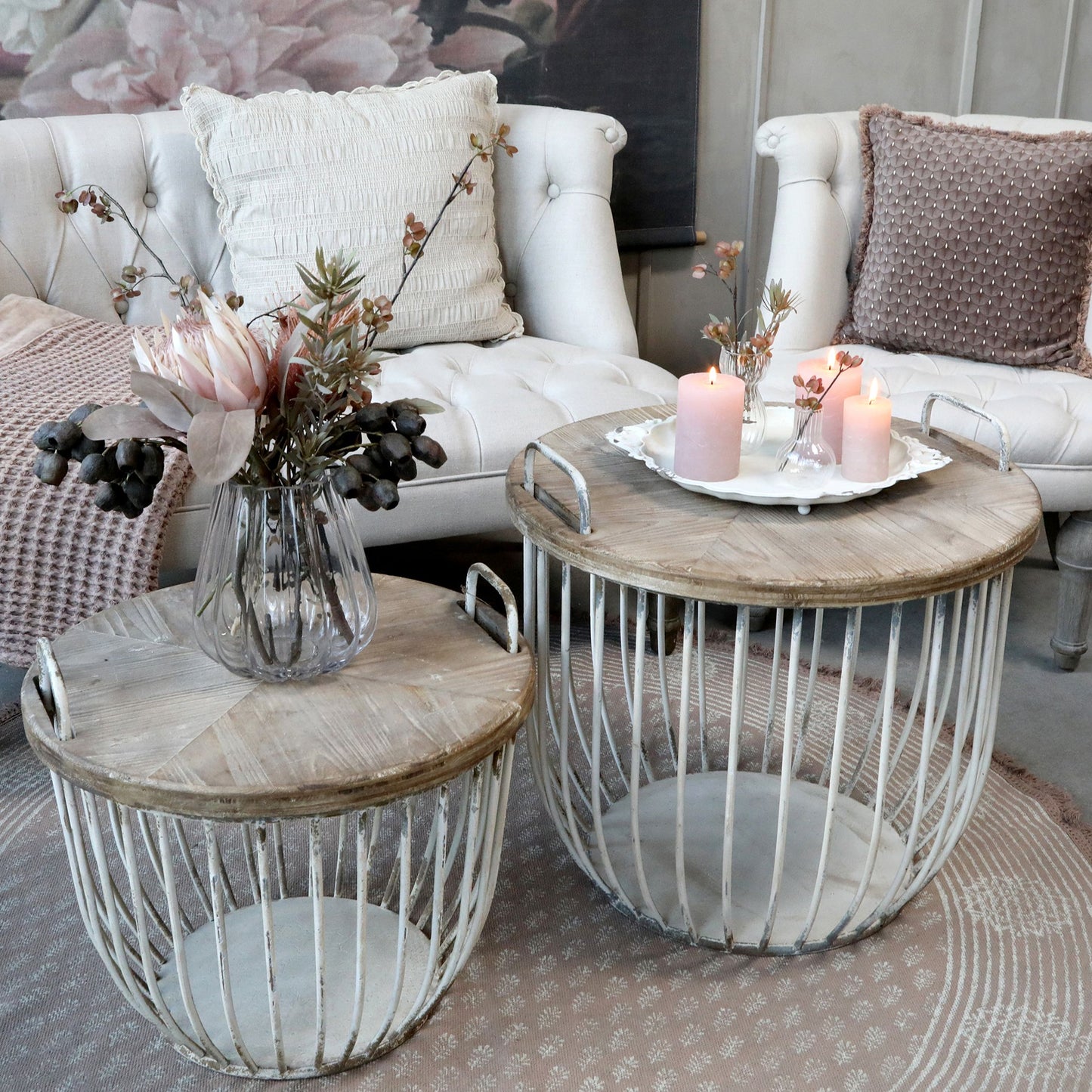 Chic Antique Bord Soffbord med trälock, set om 2 Antikvit
