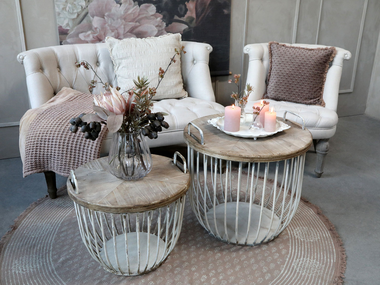 Chic Antique Bord Soffbord med trälock, set om 2 Antikvit