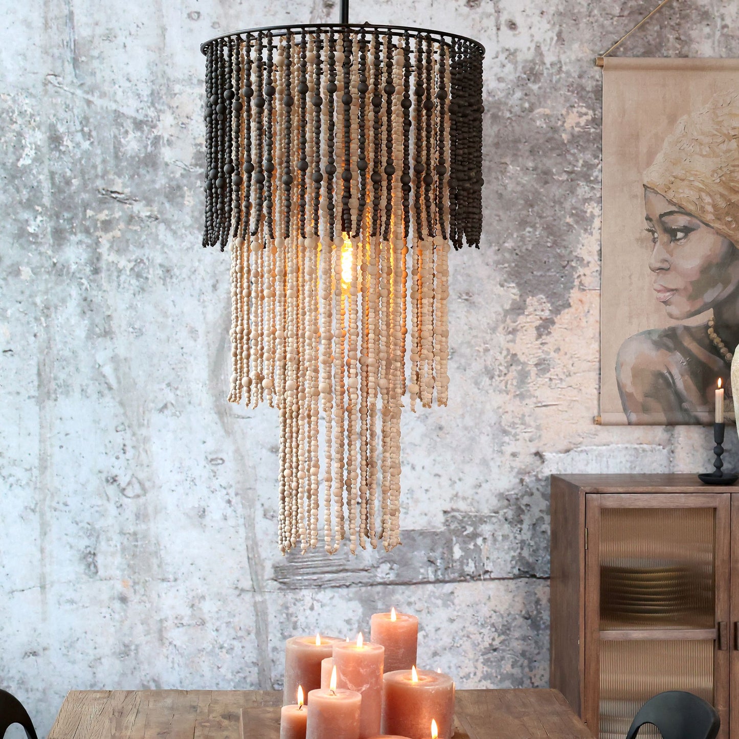 Chic Antique Lampa Ljuskrona med träpärlor H90/Ø50 cm