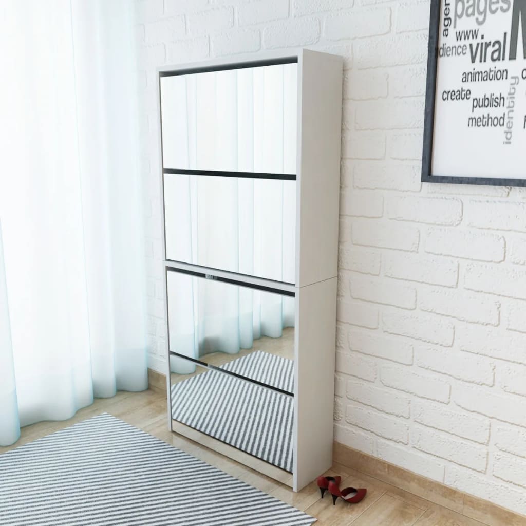 Skoställ Vit Skoskåp med 4 lådor och spegel 63x17x134 cm