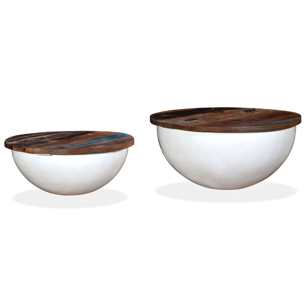 Soffbord Vit Trä set 2 st massivt återvunnet Trä Vit skålformad