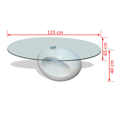 Soffbord med oval bordsskiva i glas högglans vit