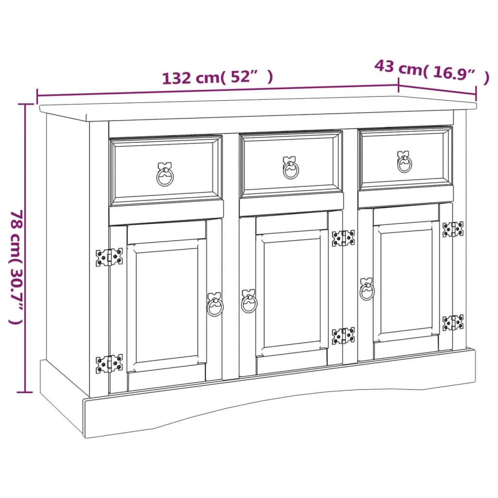 Skänk Vit mexikansk coronastil massiv furu 132x43x78 cm