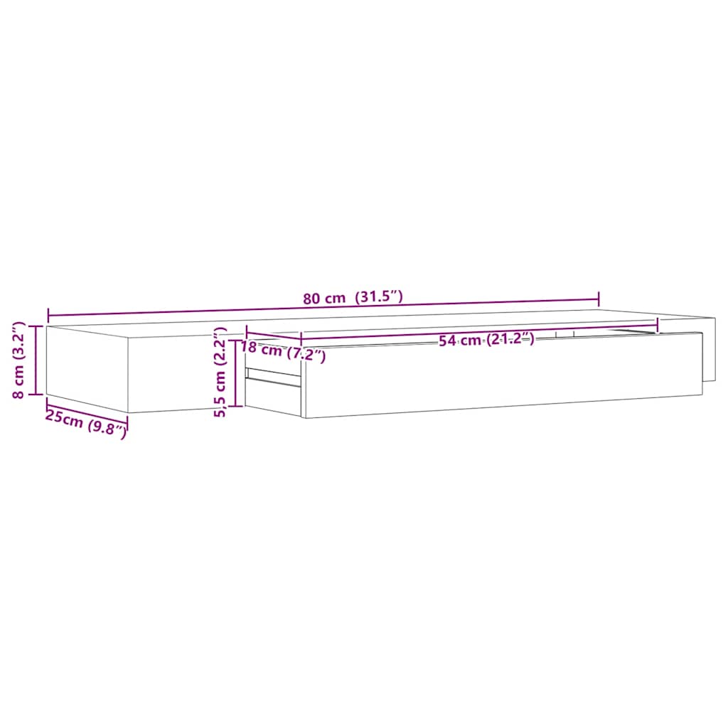 Vägghylla Svart med låda 80x25x8 cm