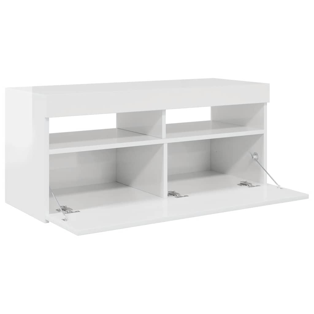 TV-bänk med LED-belysning vit högglans 90x35x40 cm