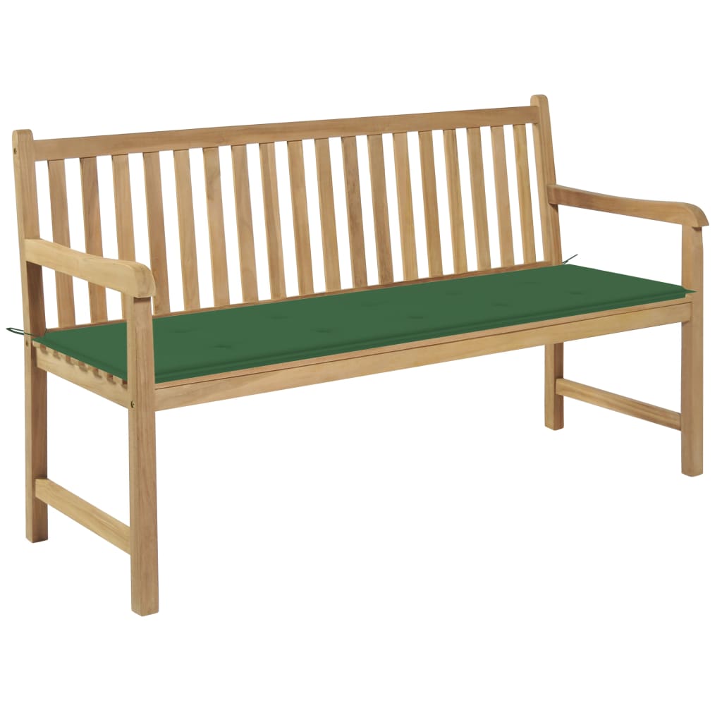 Trädgårdsbänk med grön dyna 150 cm massiv teak