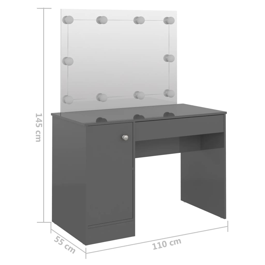 Sminkbord med LED-belysning 110x55x145 cm MDF glänsande Grå