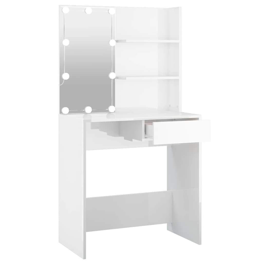 Sminkbord med LED vit högglans 74,5x40x141 cm