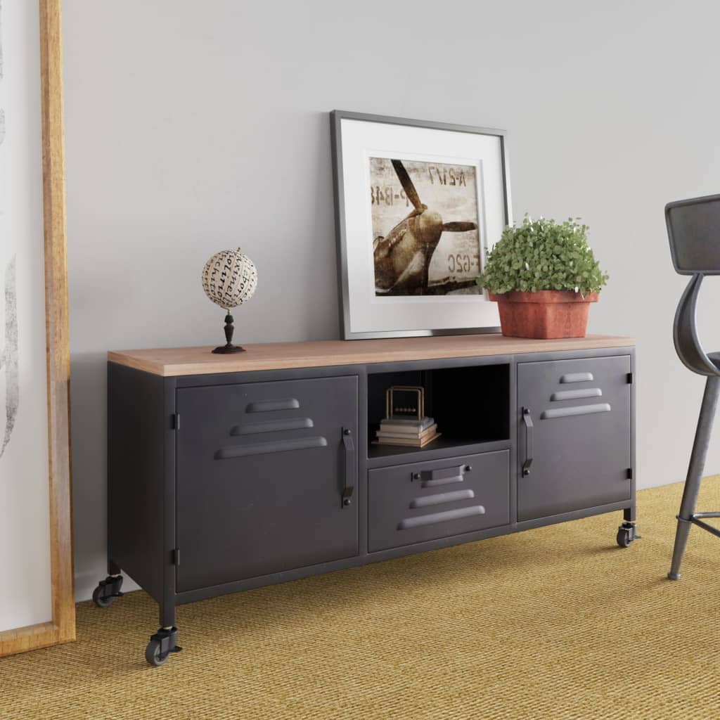TV-Möbel Svart TV-Bänk 110x30x43 cm järn och massivt granträ