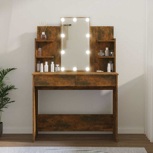Sminkbord med LED Rökfärgad Ek 96x40x142 cm