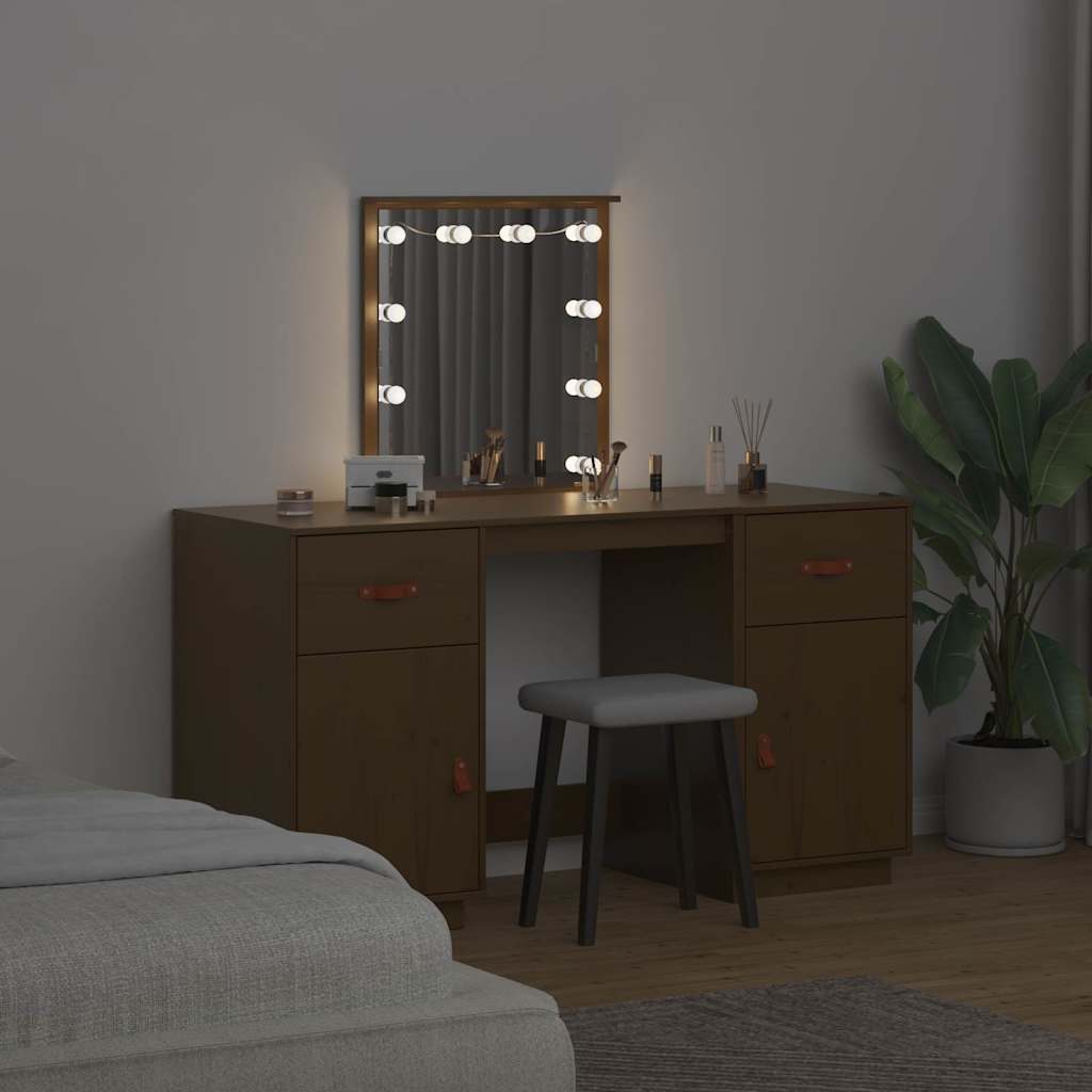 Sminkbord med spegel LED honungsbrun massiv furu