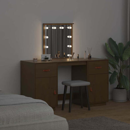 Sminkbord med spegel LED honungsbrun massiv furu