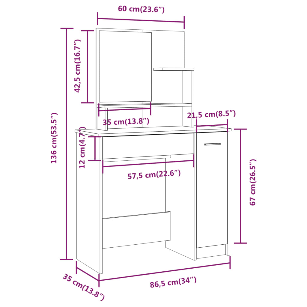 Sminkbord set Sonoma Ek 86,5x35x136 cm