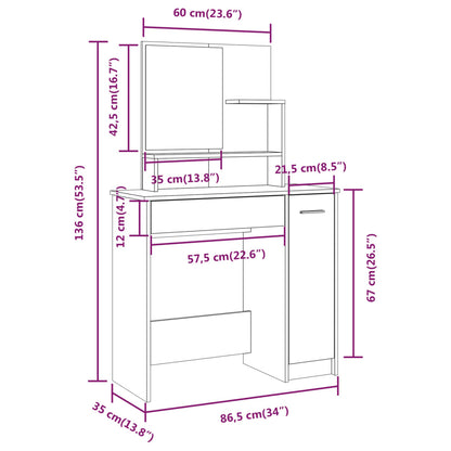 Sminkbord set Sonoma Ek 86,5x35x136 cm