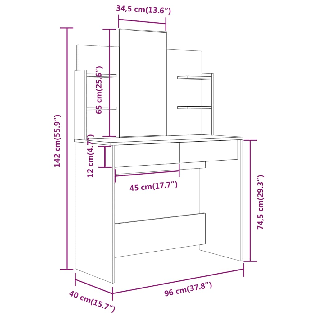 Sminkbord set Vit 96x40x142 cm
