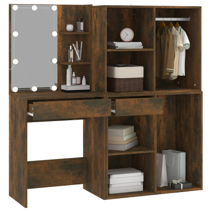 Sminkbord LED med skåp rökfärgad ek konstruerat trä