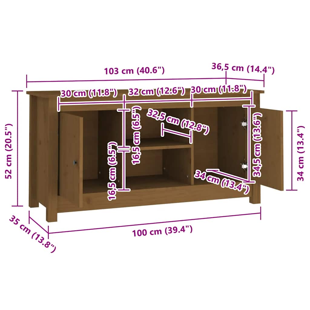 Tv-bänk honungsbrun 103x36,5x52 cm massiv furu