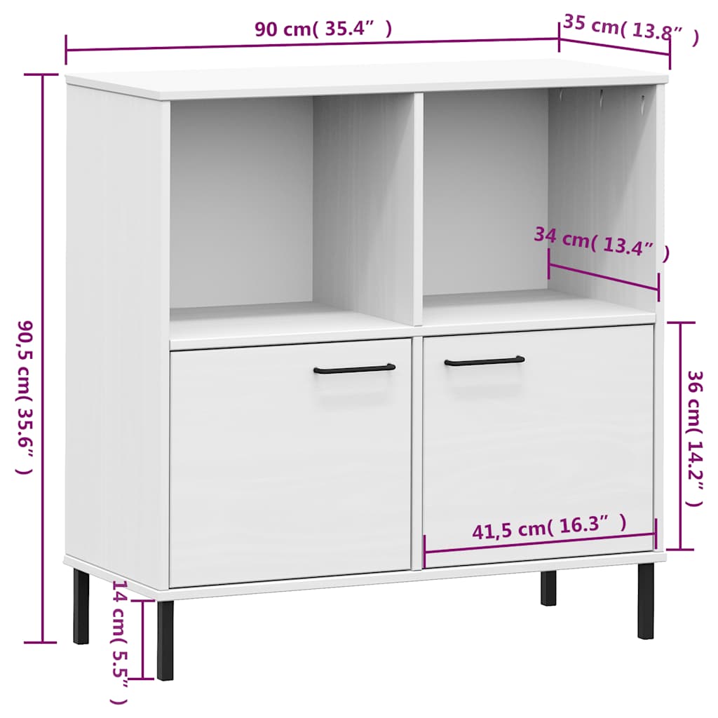 Bokhylla med metallben OSLO vit 90x35x90,5 cm massivt trä