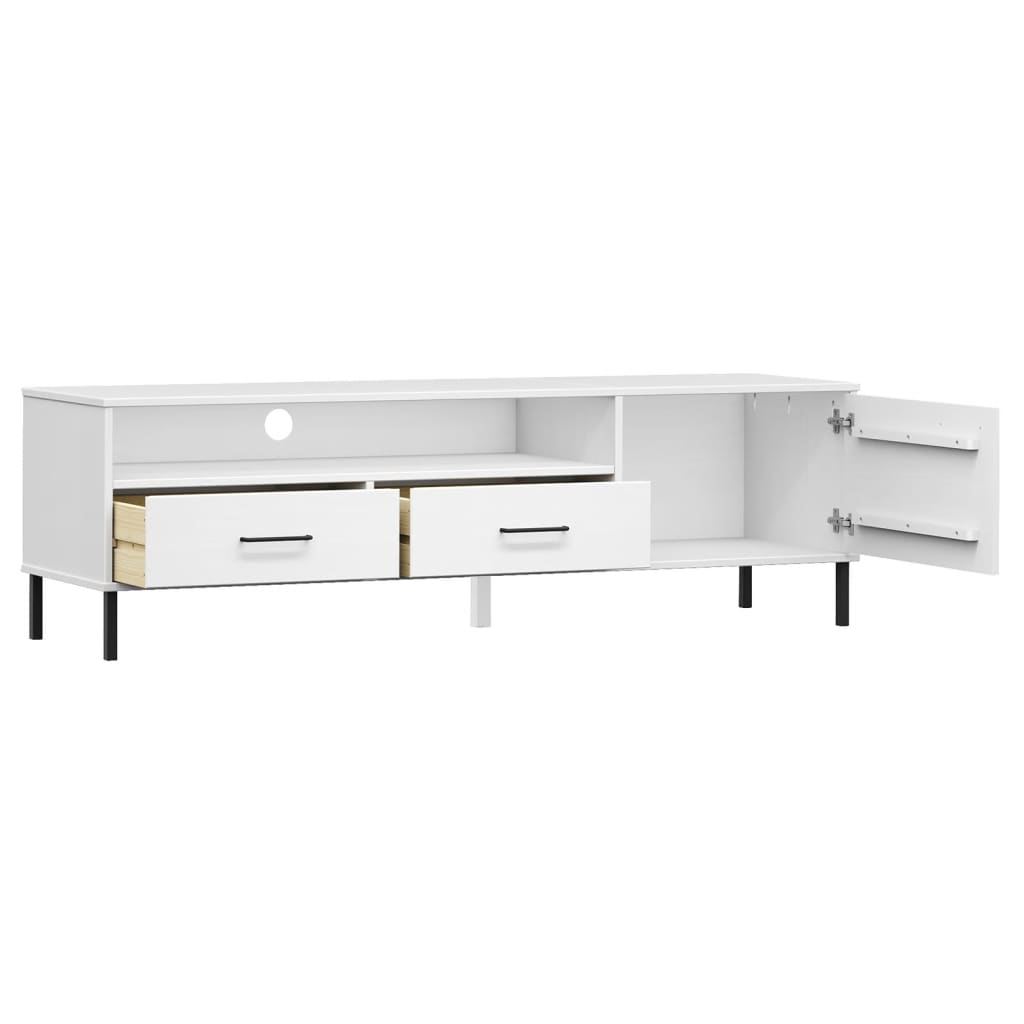 Tv-bänk med metallben OSLO vit massiv furu