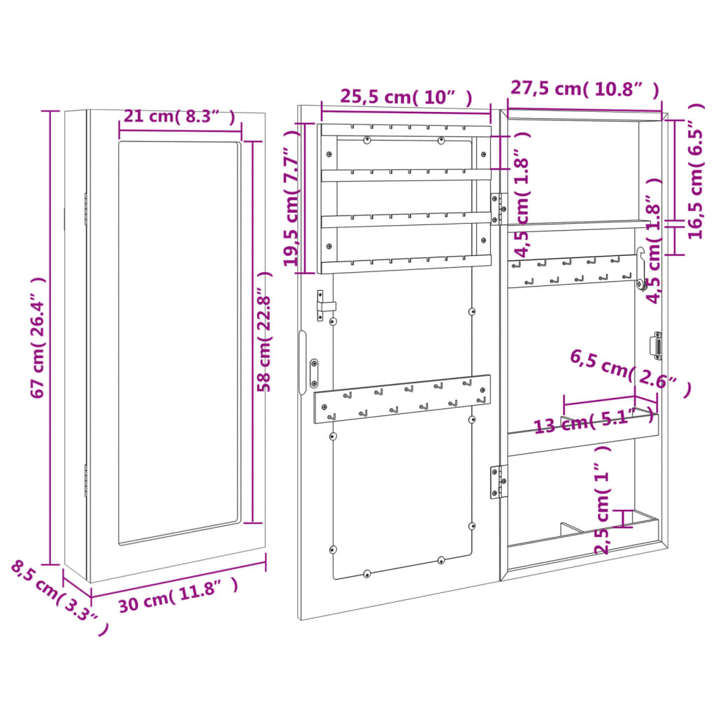 Smyckesskåp Vit fristående 30x8,5x67 cm
