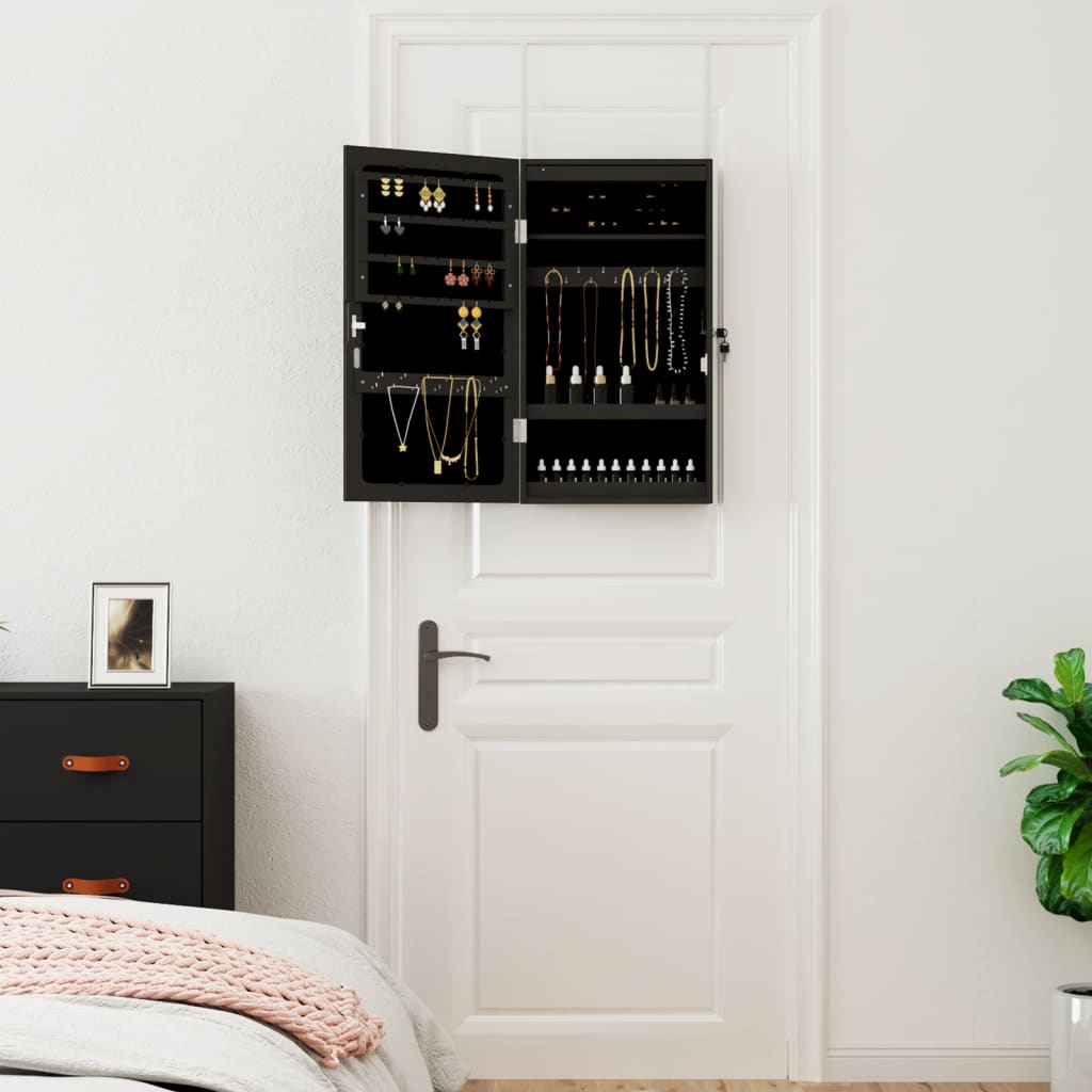 Smyckeskåp LED-lampor väggmonterat svart