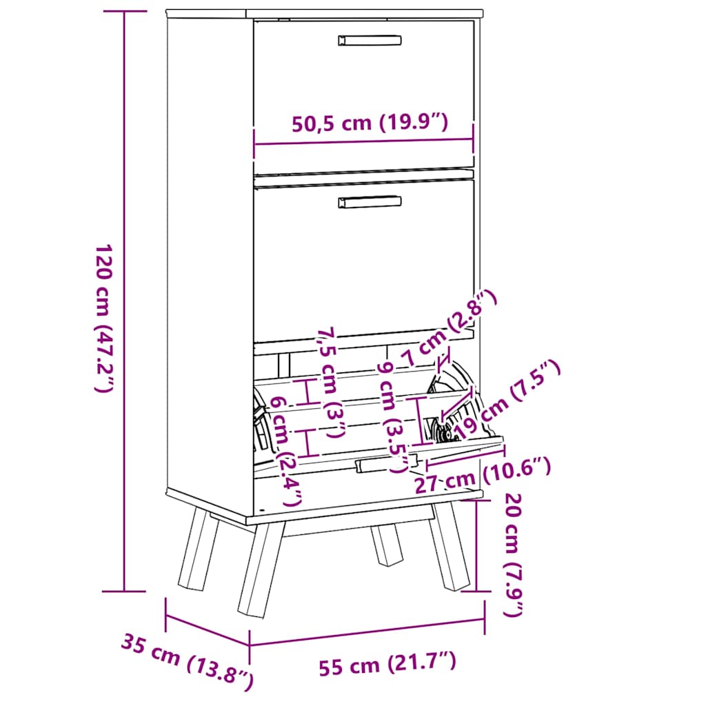 Skoställ Grå Brun Skoskåp OLDEN 55x35x120 cm massiv furu