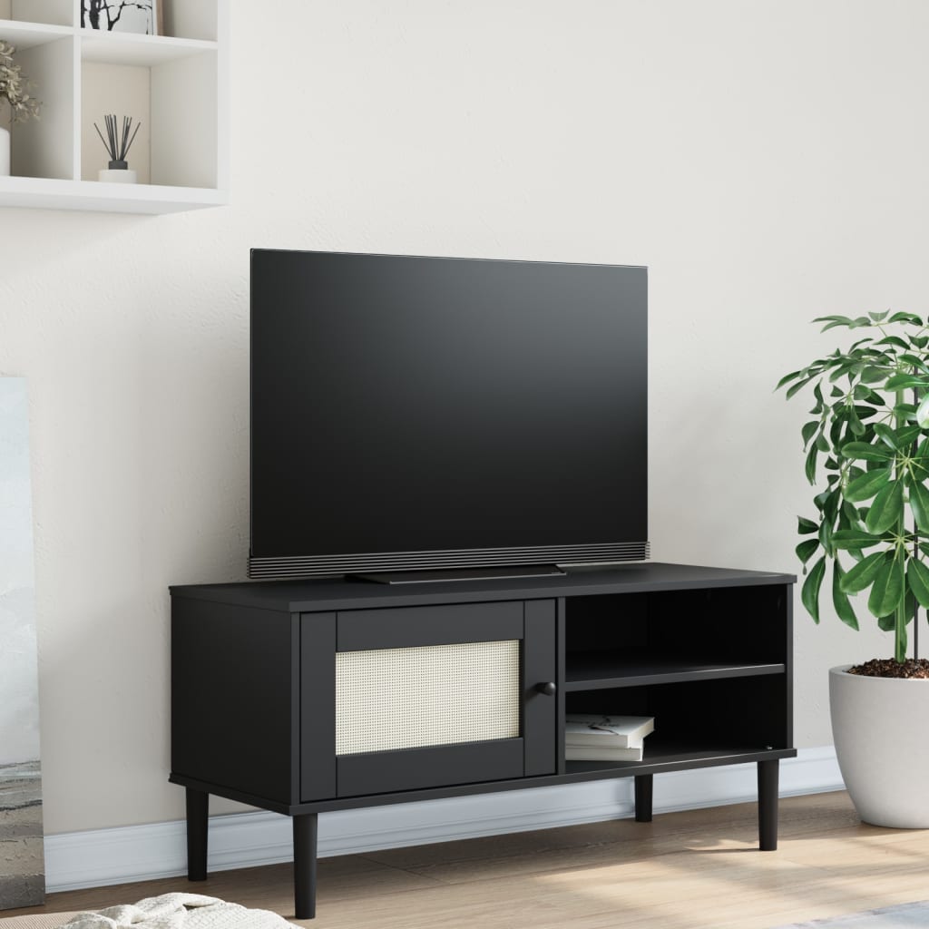 TV-Möbel Svart TV-Bänk SENJA rottinglook 106x40x49 cm massiv furu