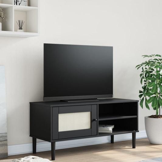 TV-Möbel Svart TV-Bänk SENJA rottinglook 106x40x49 cm massiv furu