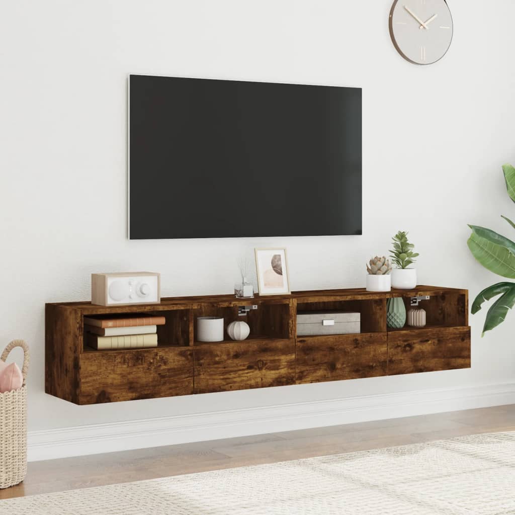 Väggmonterad tv-bänk 2 st rökfärgad ek 80x30x30 cm