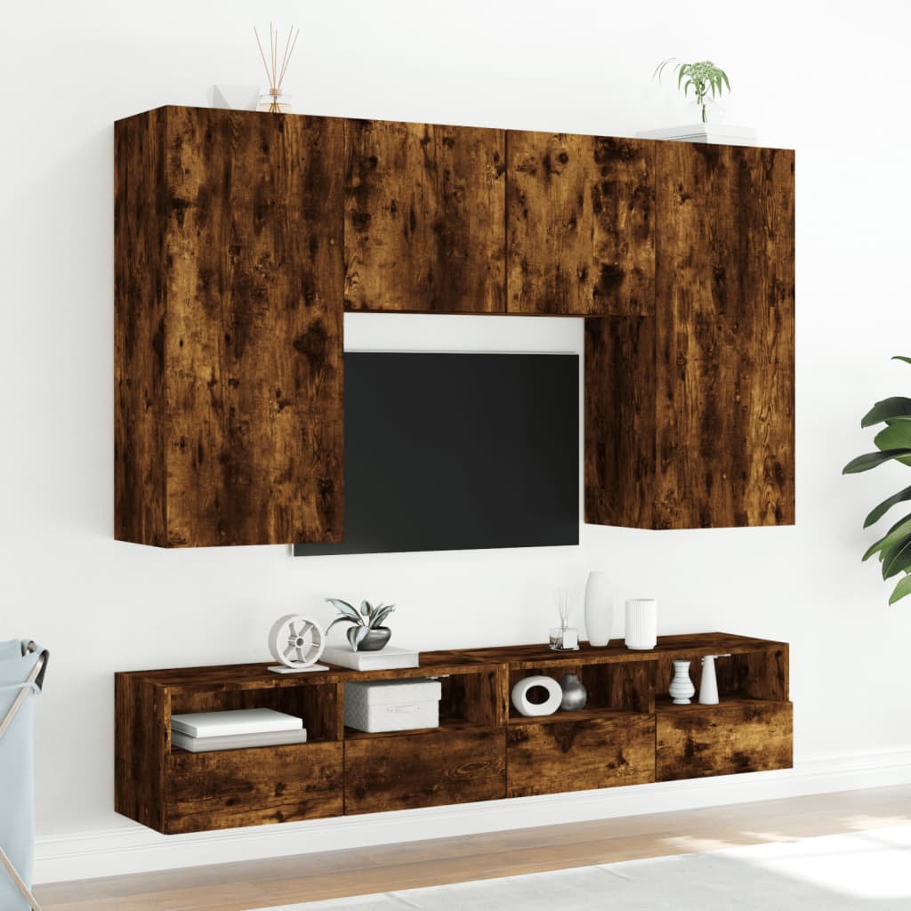 Väggmonterad tv-bänk 2 st rökfärgad ek 80x30x30 cm