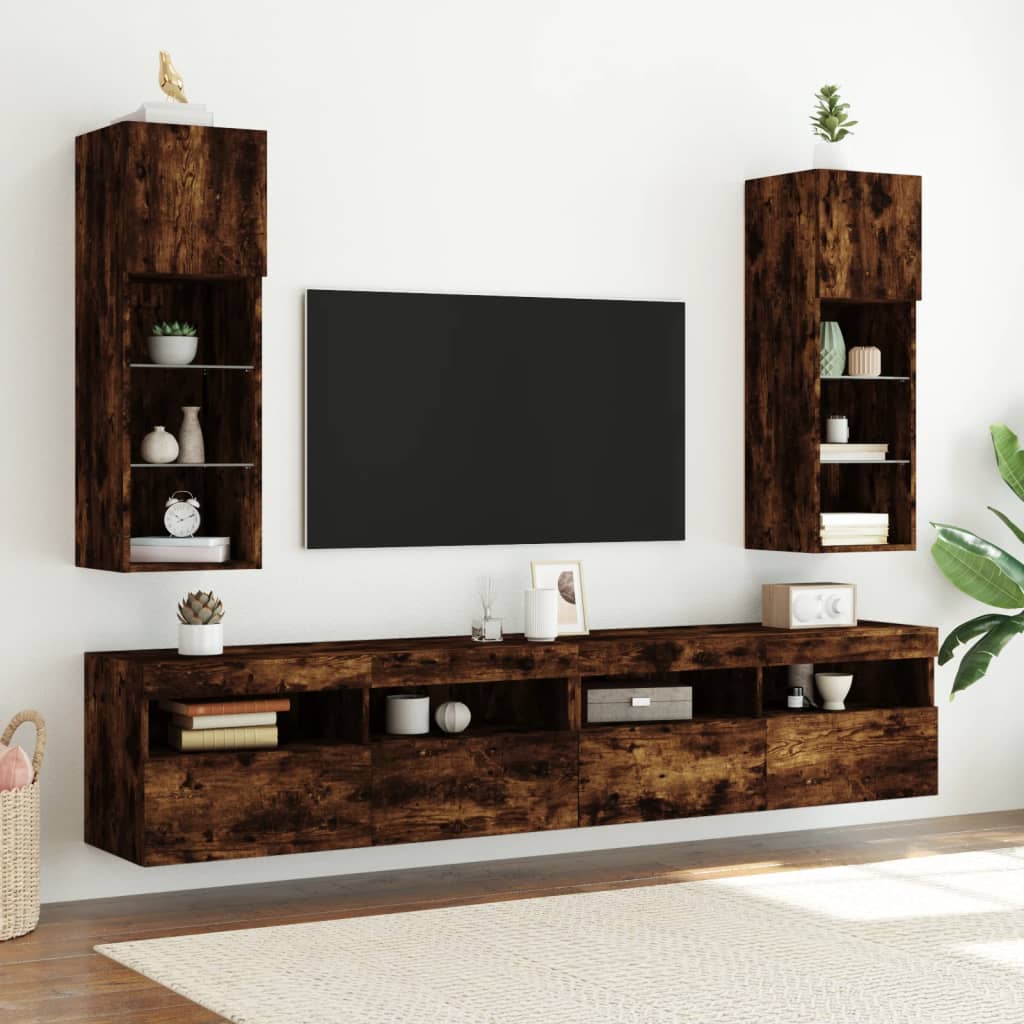 Tv-bänk med LED-belysning 2 st rökfärgad ek 30,5x30x90 cm