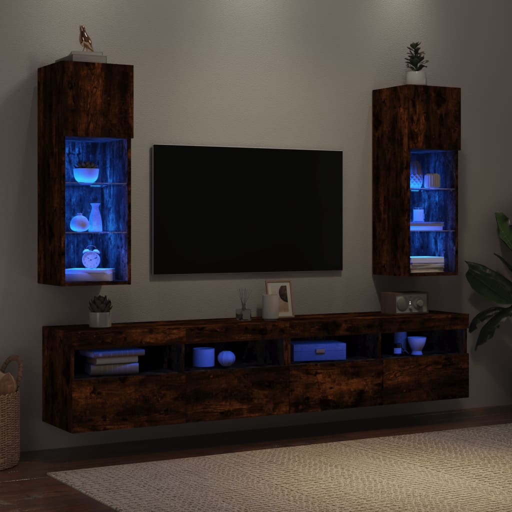 Tv-bänk med LED-belysning 2 st rökfärgad ek 30,5x30x90 cm