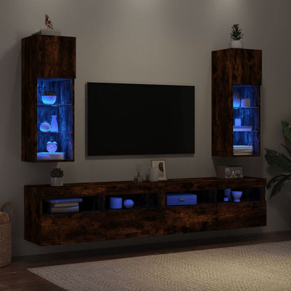 Tv-bänk med LED-belysning 2 st rökfärgad ek 30,5x30x90 cm